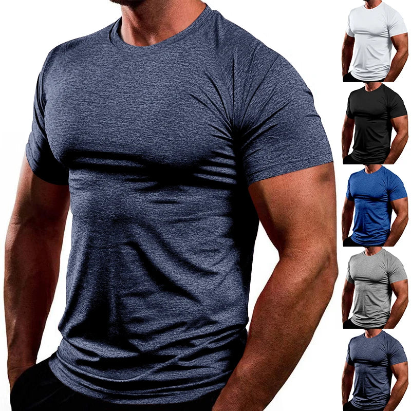 T-shirt slim respirant à séchage rapide pour homme, style Europe et États-Unis, haut de fitness, vêtements de sport, document solide, été, nouveau, 2024
