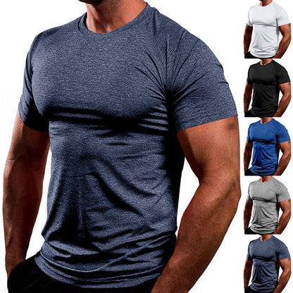 T-shirt slim respirant à séchage rapide pour homme, style Europe et États-Unis, haut de fitness, vêtements de sport, document solide, été, nouveau, 2024