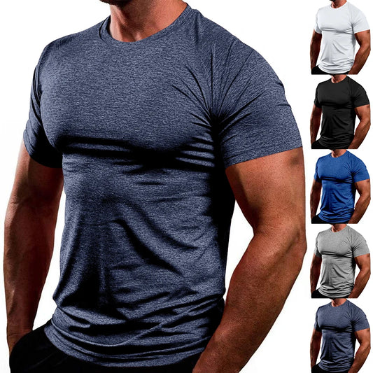 T-shirt slim respirant à séchage rapide pour homme, style Europe et États-Unis, haut de fitness, vêtements de sport, document solide, été, nouveau, 2024
