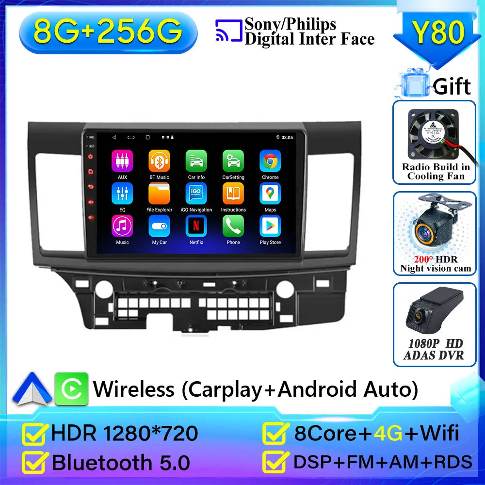 Autoradio Android 14 pour Mitsubishi Lancer 10 CY 2007-2017 Android 15 Navigation GPS Android Auto stéréo Carplay écran No 2din