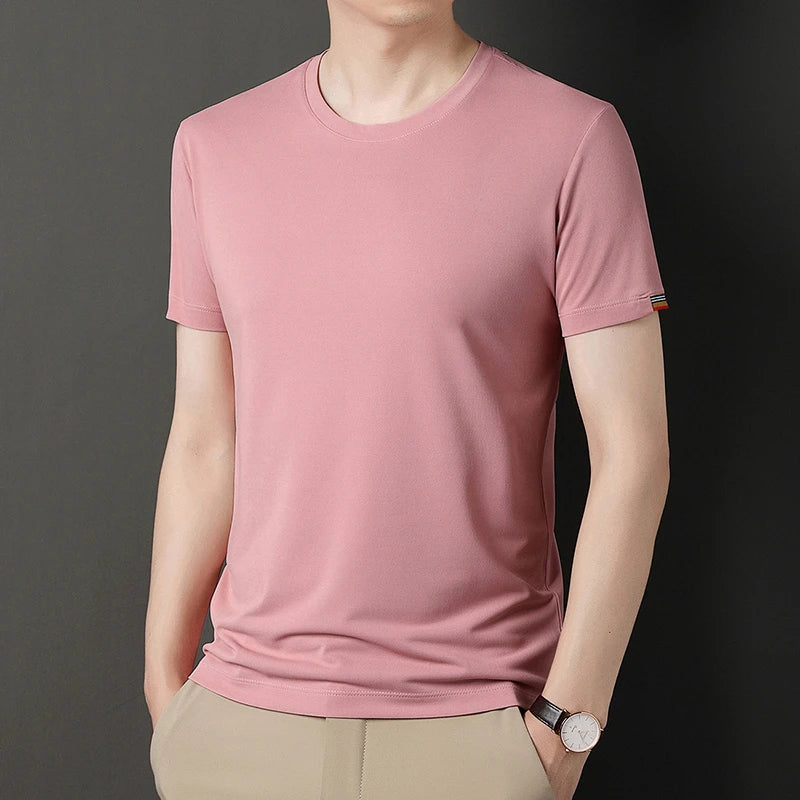 T-shirt à Manches Courtes pour Homme, Col Rond, Solide, avec Poignets Brodés, à la Mode, Confortable, Respirant et artificiel astique