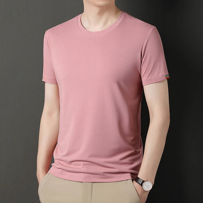 T-shirt à Manches Courtes pour Homme, Col Rond, Solide, avec Poignets Brodés, à la Mode, Confortable, Respirant et artificiel astique