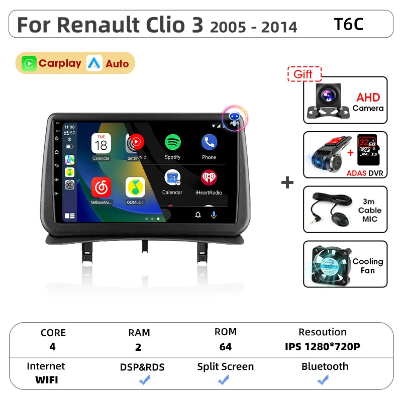 Srnubi CarPlay autoradio lecteur multimédia pour Renault Clio 3 2005 2006 2007 2008 2009 2010-2014 Android Auto GPS 2din autoradio