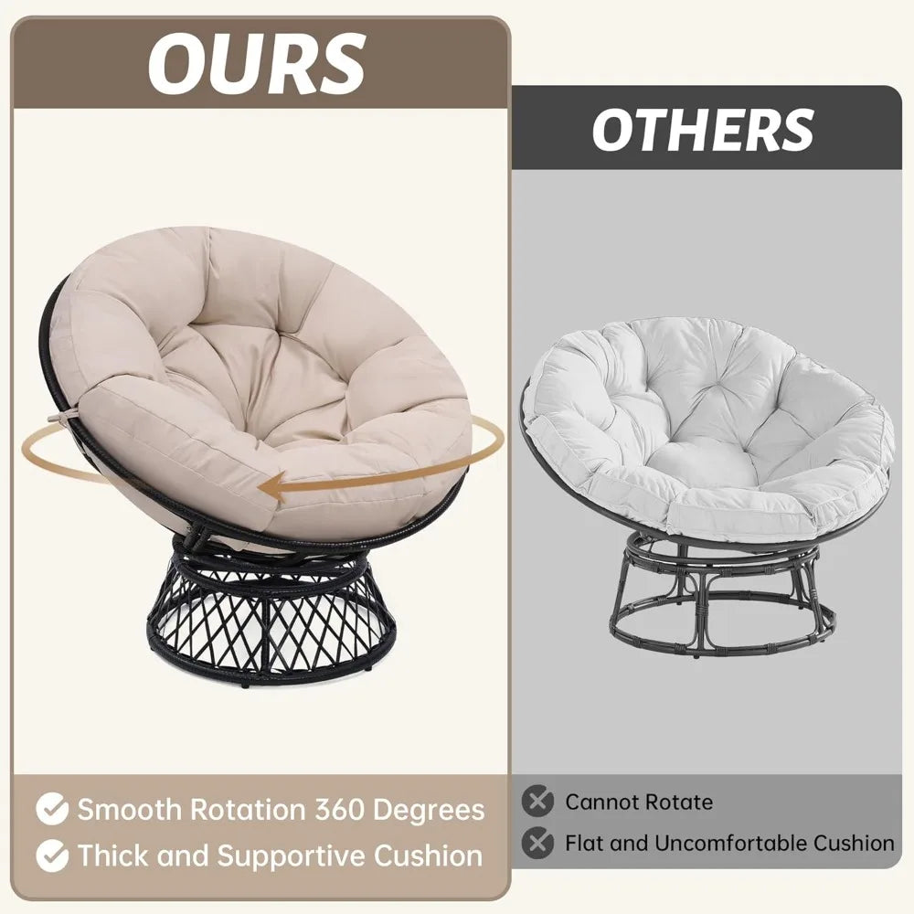 Fauteuil Papasan surdimensionné de 46 pouces avec rotation à 360° °   Fauteuil pivotant, cadre en rotin imperméable et coussin épais pour adultes