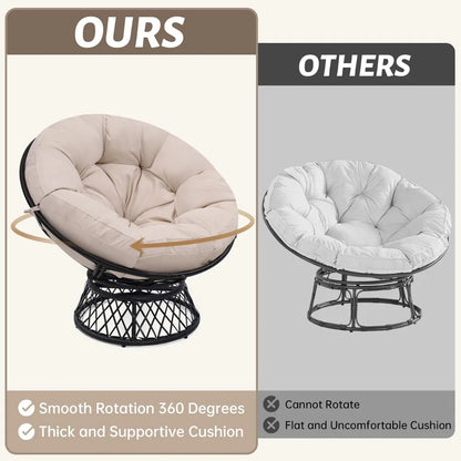 Fauteuil Papasan surdimensionné de 46 pouces avec rotation à 360° °   Fauteuil pivotant, cadre en rotin imperméable et coussin épais pour adultes
