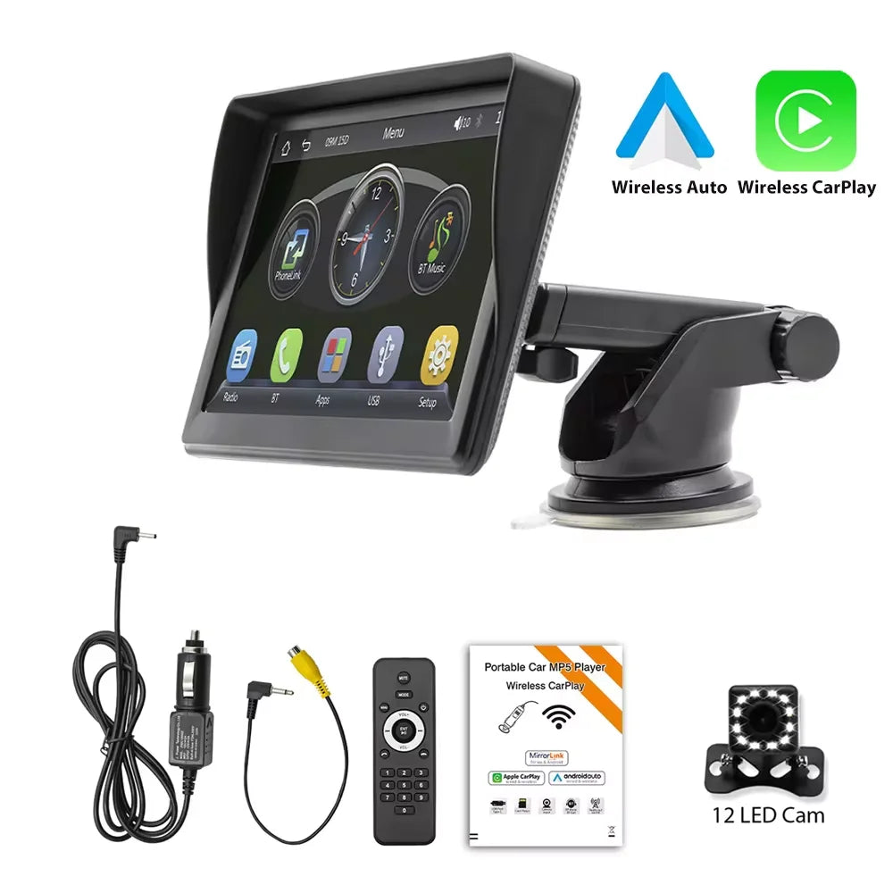 Autoradio Portable lecteur vidéo multimédia sans fil CarPlay Android Auto écran tactile 7 pouces avec AUX FM pour caméra de recul ﻿