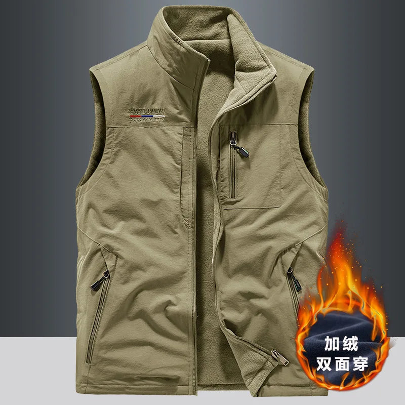 Gilets chauds en polaire pour hommes, multi-poches, vestes d'escalade sans manches, gilets Cargo pour porter des deux côtés, 6X, nouvelle collection automne