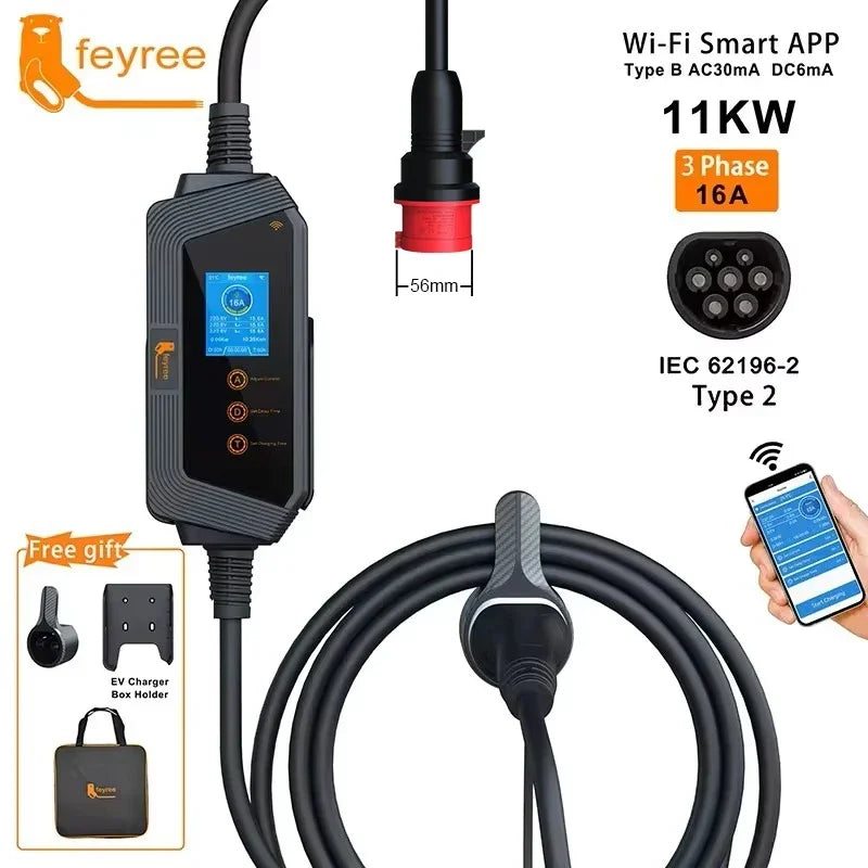شاحن سيارة كهربائية محمول Feyree Type2 11KW 16A 3 مراحل مع التحكم في تطبيق Wi-Fi صندوق شحن EVSE مقبس CEE للمركبات الكهربائية