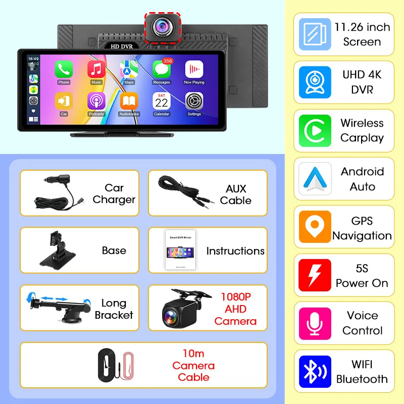 Develuck nouveau 11.26 ''4K voiture DVR sans fil CarPlay Android Auto lecteur multimédia IPS écran tactile Bluetooth enregistreur vidéo FM AUX