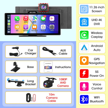 Develuck nouveau 11.26 ''4K voiture DVR sans fil CarPlay Android Auto lecteur multimédia IPS écran tactile Bluetooth enregistreur vidéo FM AUX
