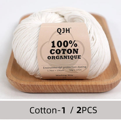 QJH Fil 100% coton biologique, fil pour tricoter, crochet et artisanat, paquet de 2 - 1,76 oz/136 mètres/1 pièce, léger, Dk
