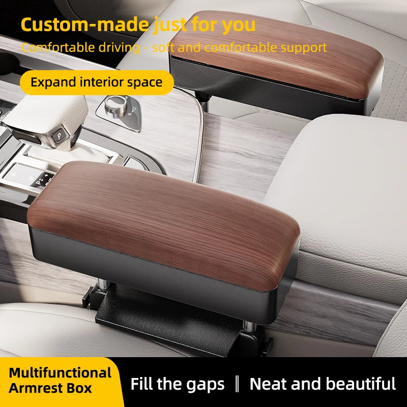 Accoudoir de siège auto - Boîte de rangement réglable pour voiture, en cuir PU motif bois, avec plaque de fixation ABS et piliers de support métalliques