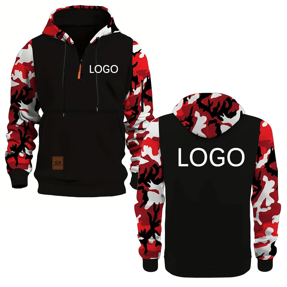 Personnalisez votre logo, sweats à capuche pour hommes, sweat-shirts à panneaux camouflage, embellissements à fermeture éclair tendance, streetwear, cadeaux personnalisés pour hommes