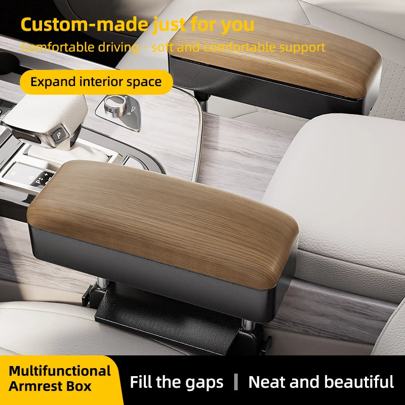 Accoudoir de siège auto - Boîte de rangement réglable pour voiture, en cuir PU motif bois, avec plaque de fixation ABS et piliers de support métalliques