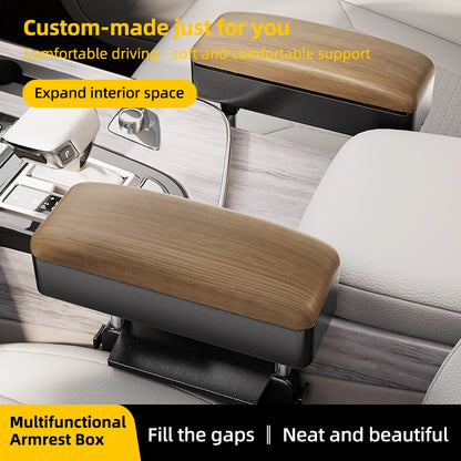 Accoudoir de siège auto - Boîte de rangement réglable pour voiture, en cuir PU motif bois, avec plaque de fixation ABS et piliers de support métalliques
