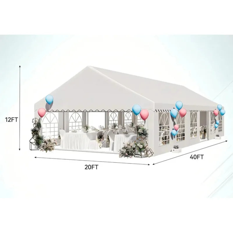 Tente de réception robuste pour mariages et événements, grande capacité (20x40m, 12x6m, 32x16m, 10x5m), pour 200, 300 ou 500 personnes.