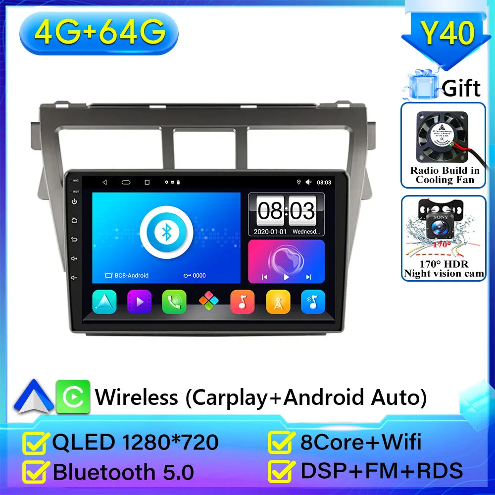 Pour Toyota VIOS Yaris 2007 2008 2009-2012 autoradio Android 15 Navigation vidéo GPS Android Auto Android 15 Carplay unité No 2din