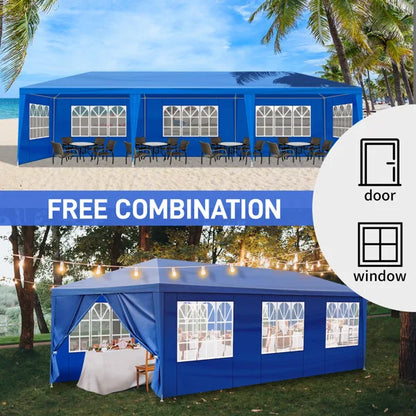Tente de réception extérieure bleue 10x30 pieds (900x300 cm) en tissu PE imperméable avec structure en acier et 8 parois latérales amovibles avec fenêtres, capacité 50 personnes