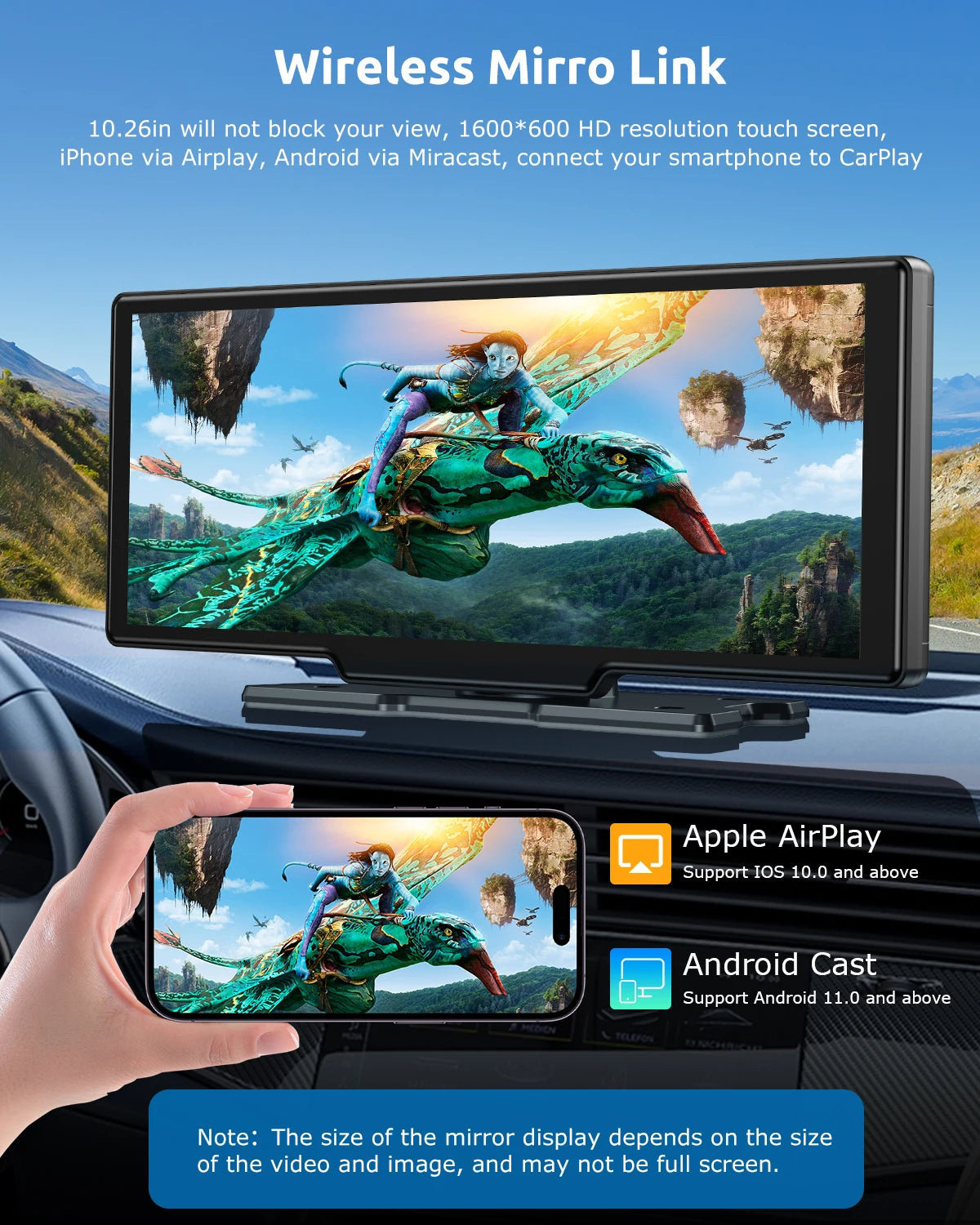 راديو سيارة محمول 10.26 بوصة 4K 64 جيجابايت شاشة لمس لاسلكية Apple CarPlay Android Auto كاميرا داشكام بلوتوث ملاحة GPS واي فاي كاميرا خلفية بزاوية واسعة AUX FM