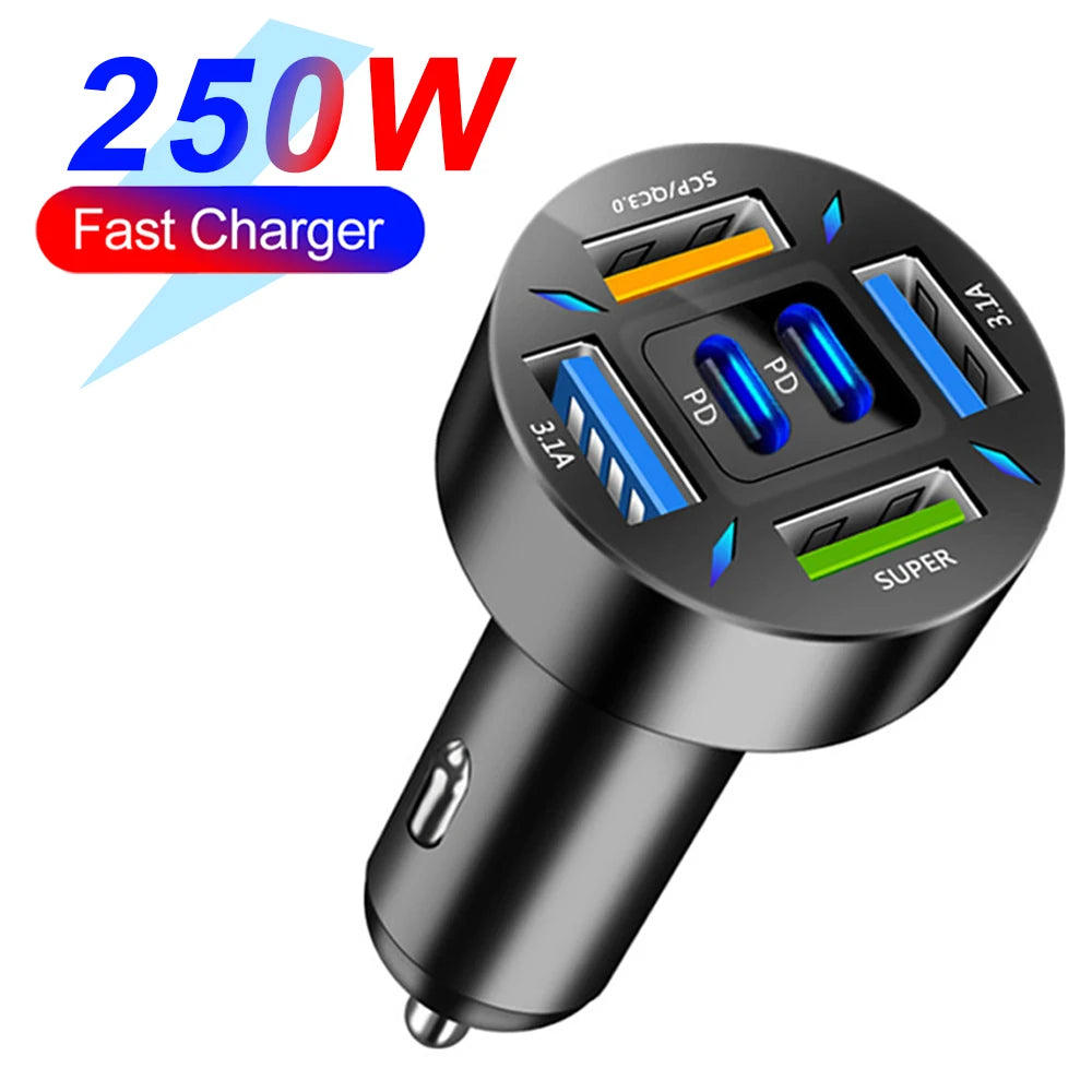 Chargeur de voiture à charge rapide, 66-250W, PD, QC3.0, une à six voitures, prise allume-cigare Laguna, charge flash avec affichage numérique