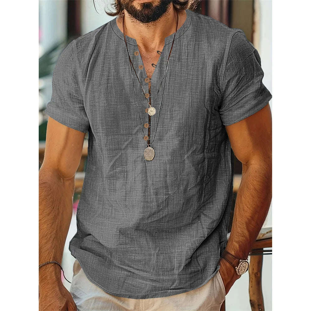 T-shirt manches courtes homme coton lin décontracté couleur unie demi bouton col rond respirant t-shirts d'été homme haut confortable