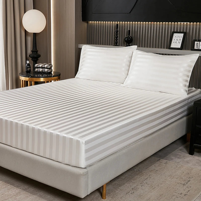 Satin-injFitted-طقم ملاءات سرير كوين، رمادي، ناعم، مبرد، جيب عميق، أطقم مفروشات، مخطط، سادة، غطاء مرتبة
