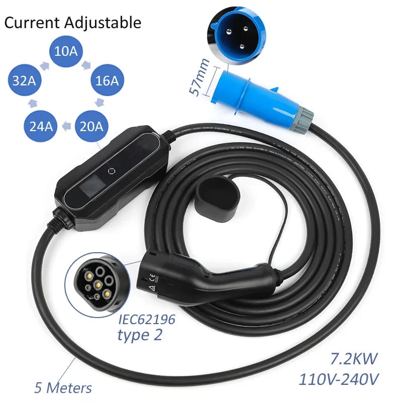 Chargeur de voiture électrique Type 2 Type 1 Mode 2 niveau 2 câble de chargement de voiture Portable EVSE EV 6A-16A-32A 5 mètres 10 mètres 15 mètres