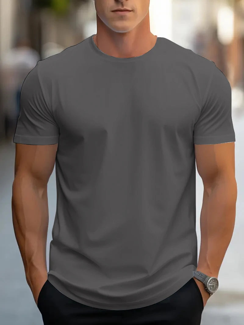 T-shirt d'été à manches courtes et col rond pour hommes, design de couleur unie, à la mode et simple, décontracté, polyvalent au quotidien, tissu doux