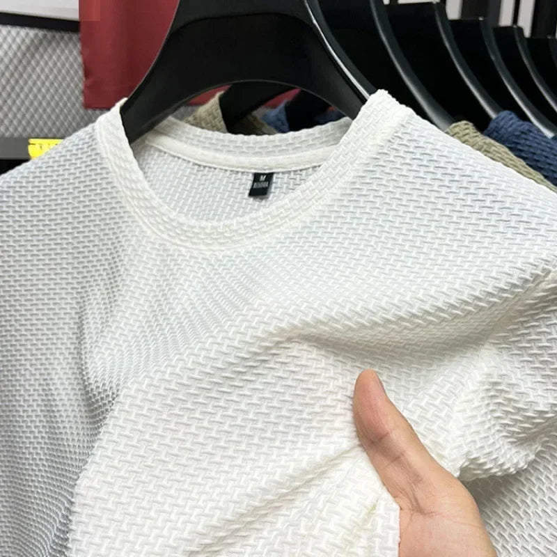 Été glace soie haut de gamme couleur unie haute qualité à manches courtes t-shirts hommes respirant mode T-Shirt mâle marque vêtements 4XL