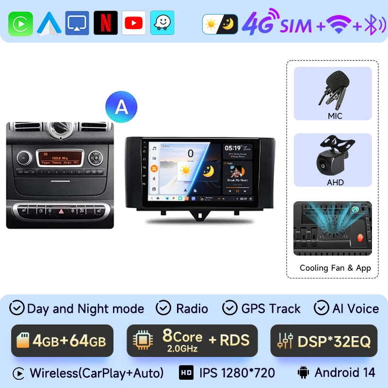 JIUYIN-Autoradio TS18 AI Voice Wireless CarPlay Android Auto Radio pour Smart Fortwo 451, 2005-2010, 4G, GPS, 2Din, Limitation de la voiture