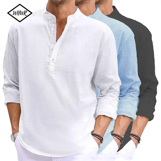 T-shirt à manches longues en lin pour hommes, chemises en coton de styliste, Streetwear léger, couleur unie, ample, décontracté, respirant, nouvelle collection