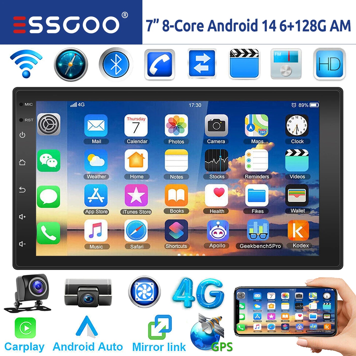 ESSGOO 7"/9"/10“ 2 DIN Android 14 8-Core 6+128G Autoradio Sans Fil Apple Carplay Android Auto GPS Navigation Bluetooth AM FM RDS WIFI Écran Tactile QLED 4G LTE USB Mirror Link Equalizer Commande au Volant