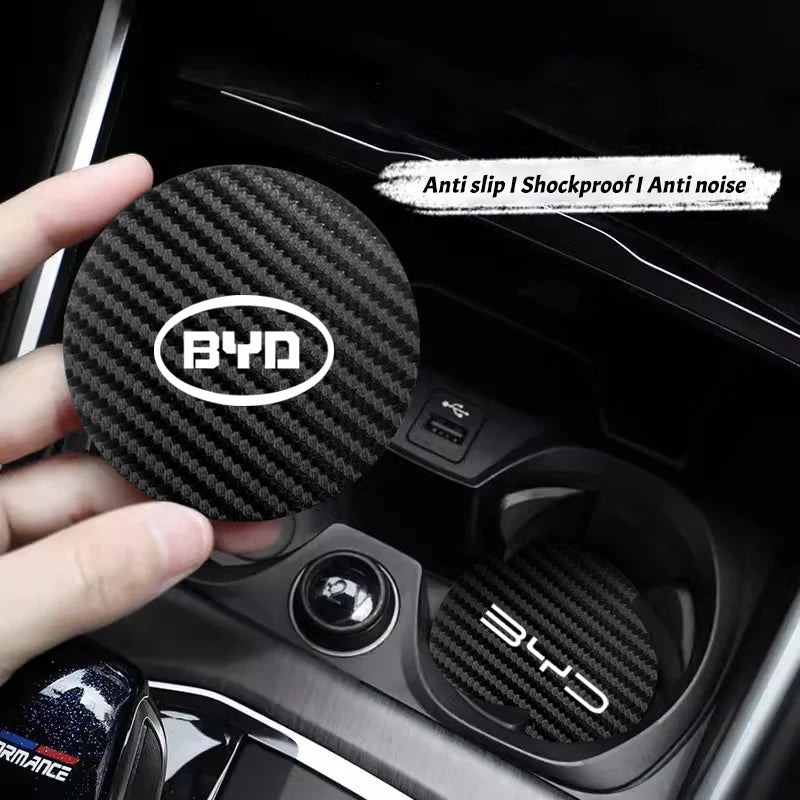 Dessous de verre en cuir de carbone pour voiture, 2 pièces, tasse d'eau, coussinet antidérapant pour BYD Atto 3 Yuan Plus Han Tang EV F3 E6 Dmi Song F0 Qin Pro G3 I3 Ea1