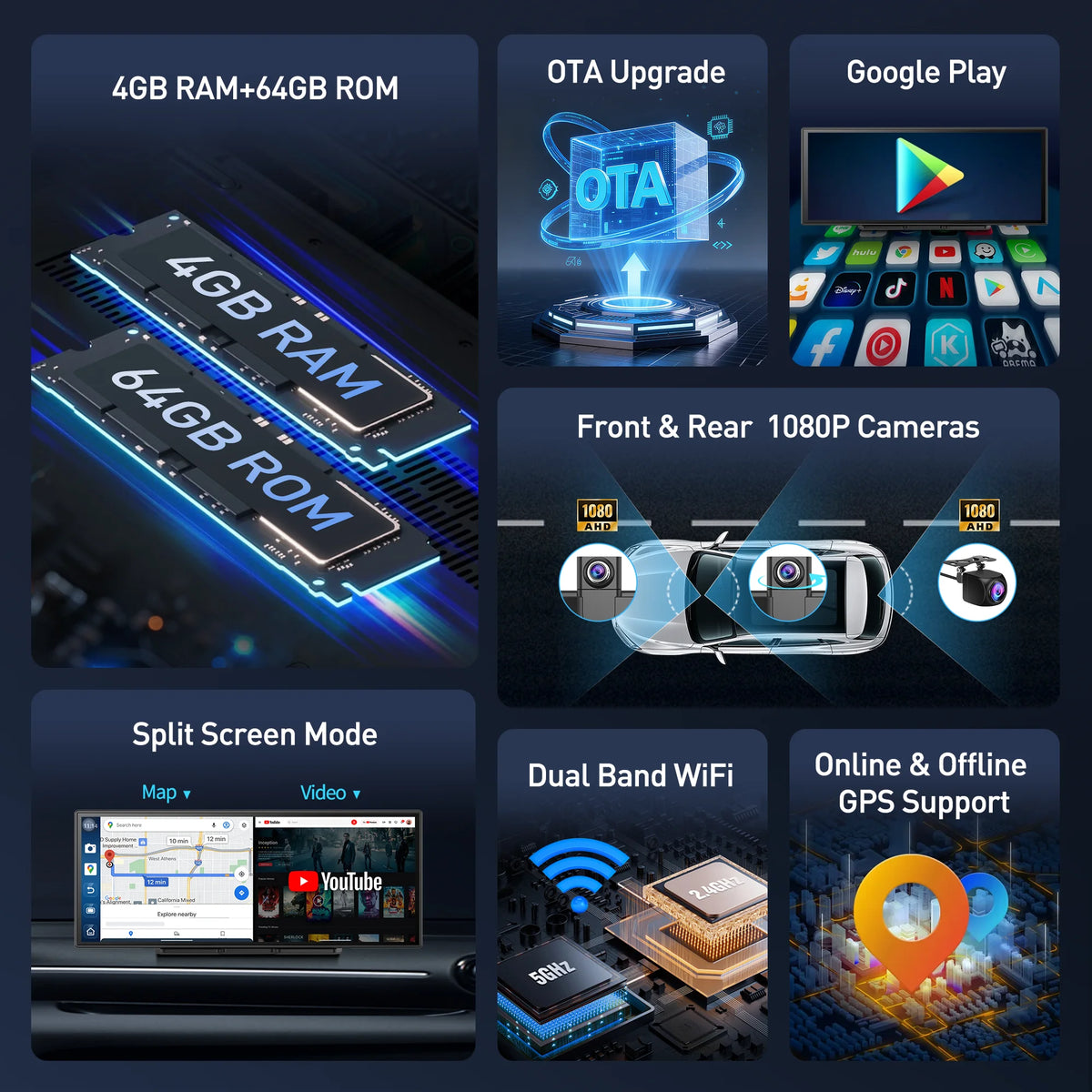 BYUJQ 11.4 'Android 14 8 Core Carplay écran pour voiture Dashcam 4G + 64G sans fil CarPlay et Android Auto Netflix Google Play GPS