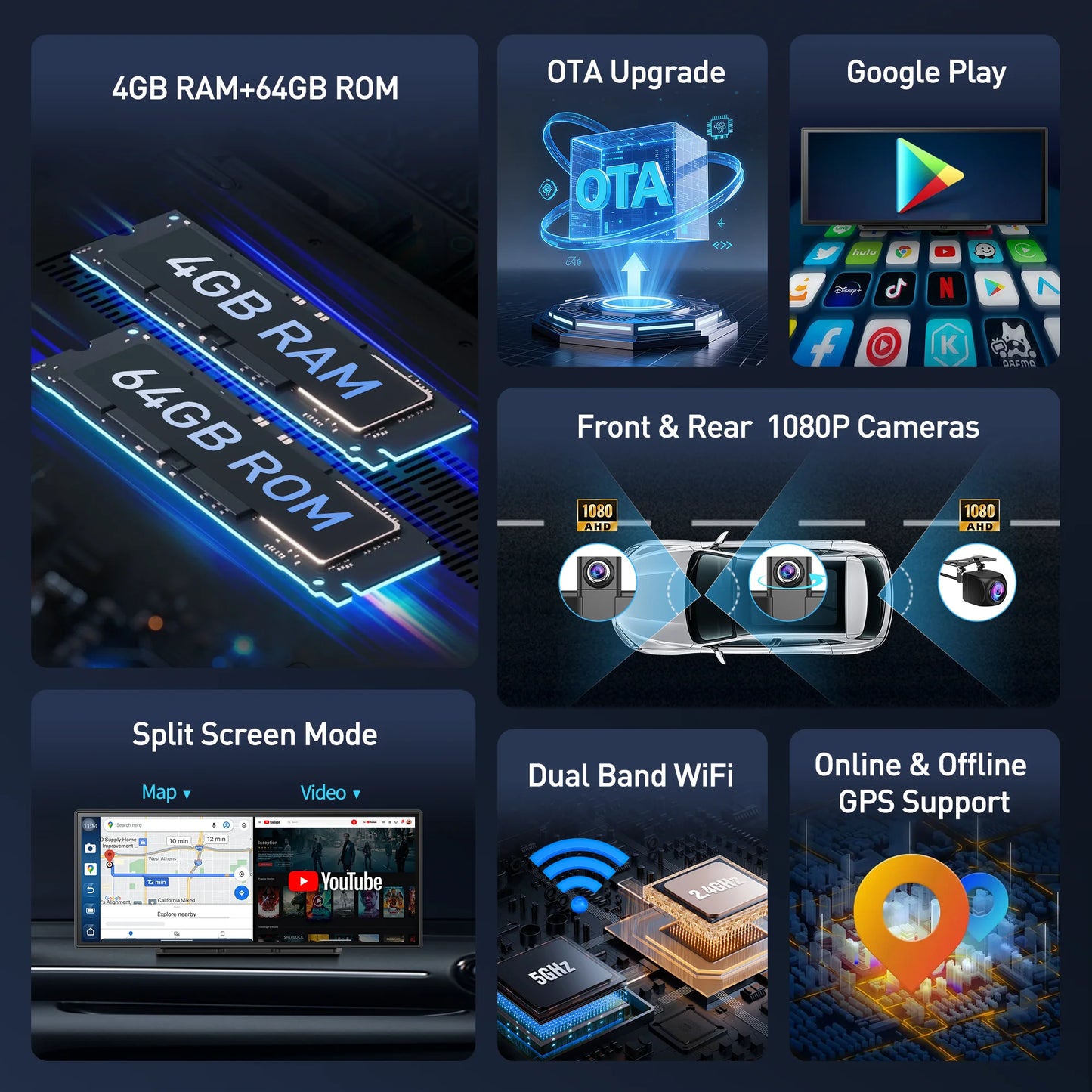 BYUJQ 11.4 'Android 14 8 Core Carplay écran pour voiture Dashcam 4G + 64G sans fil CarPlay et Android Auto Netflix Google Play GPS