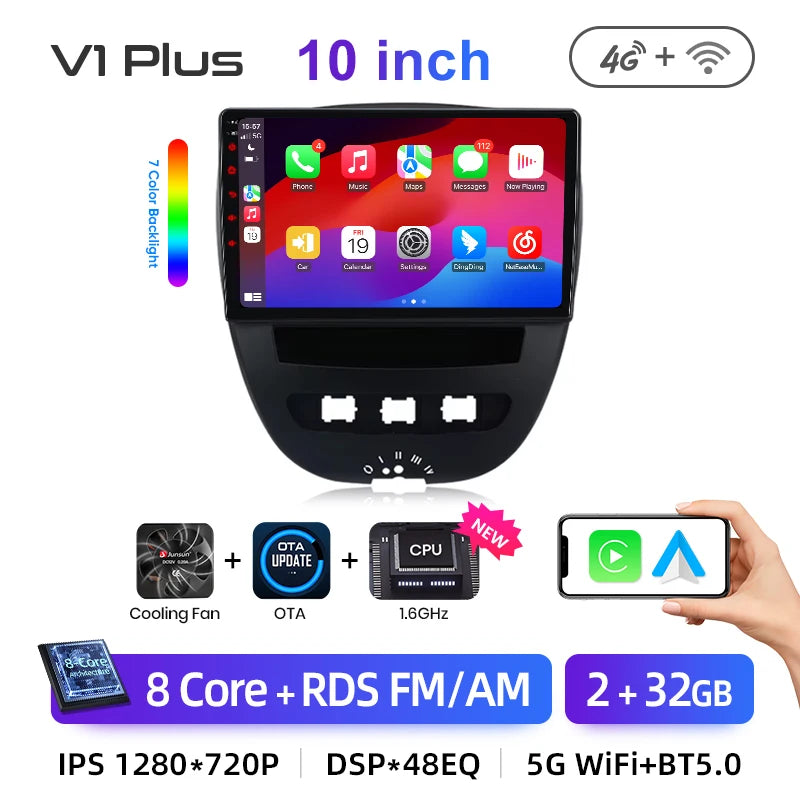 Junsun CarPlay sans fil pour Apple Auto autoradio stéréo pour Peugeot 107 Toyota Aygo citroën 2005-2014 GPS écran tactile multimédia