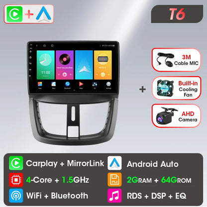 Autoradio Carplay sans fil Android pour Peugeot 207 CC 207CC 2006-2015 lecteur multimédia Navigation 2Din unité principale stéréo Auto