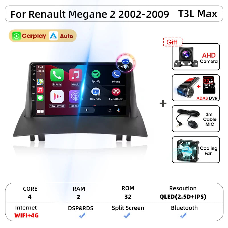 Android Carplay Auto pour Renault Megane 2 2002 2003 2004 2005 2006 2007 2008 2009 lecteur d'autoradio multimédia WIFI + 4G stéréo