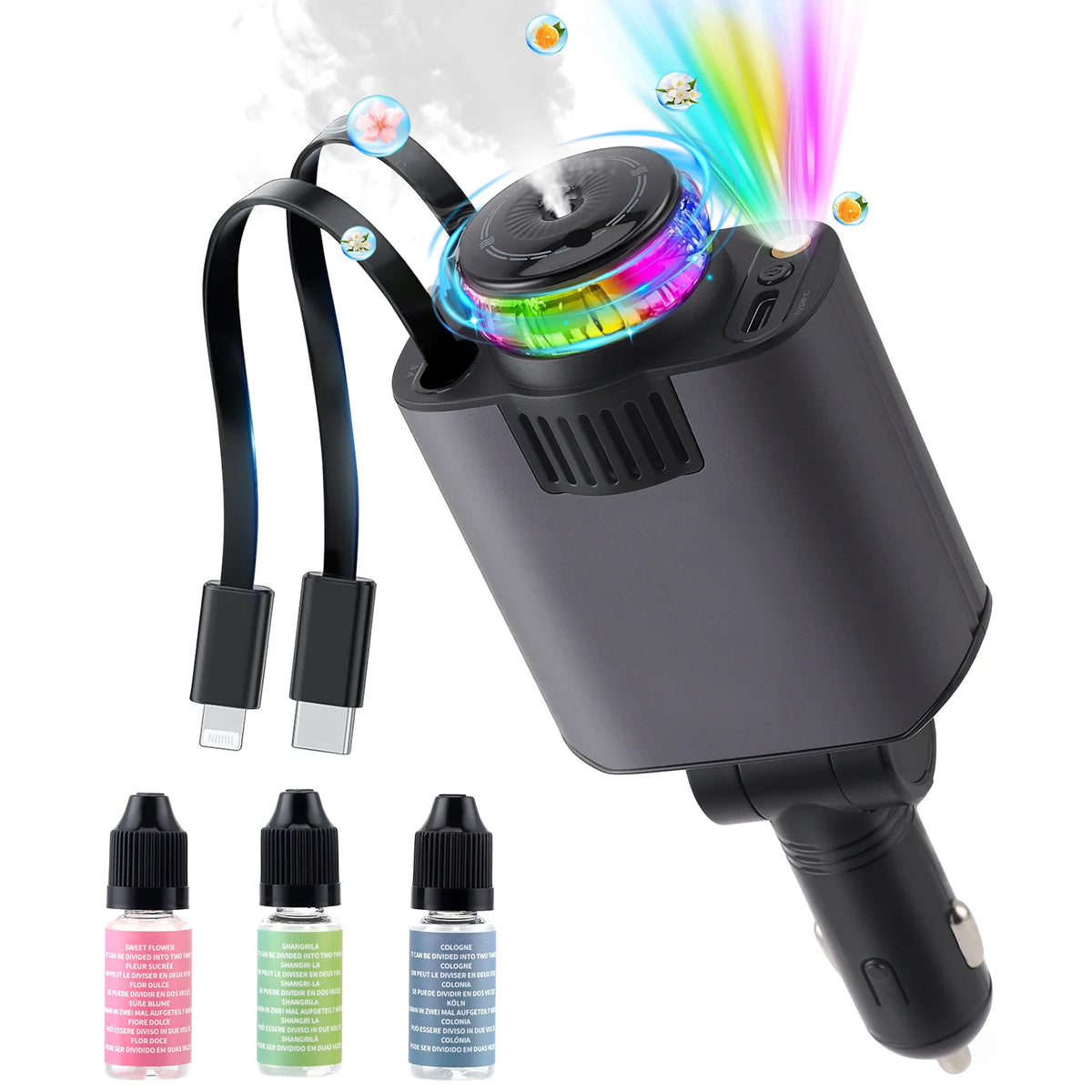 Aromathérapie Spray Atmosphère Lumière Chargeur De Voiture PD Charge Rapide Flash Charge Ligne Télescopique Star Sky Allume-Cigarette (Gris)