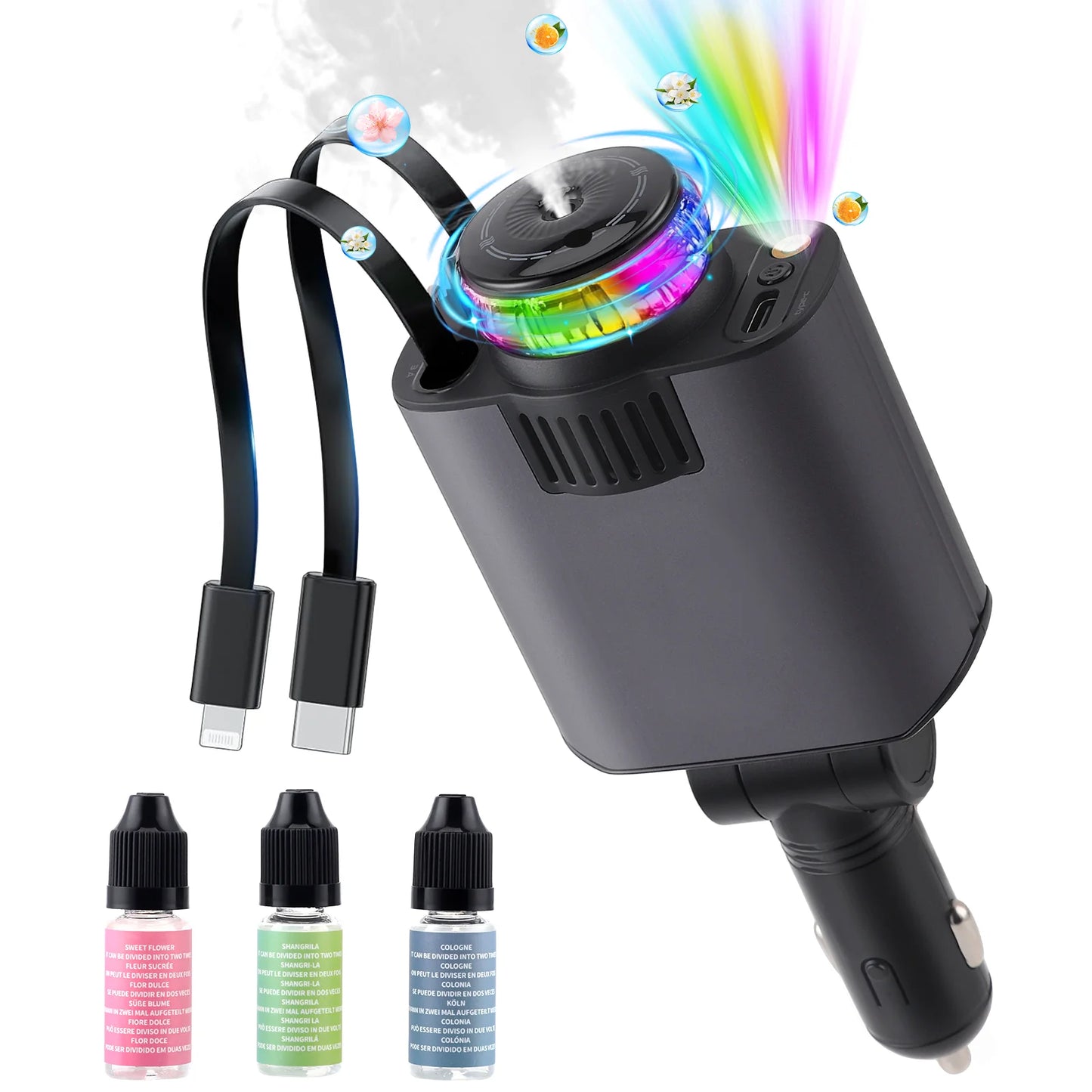 Aromathérapie Spray Atmosphère Lumière Chargeur De Voiture PD Charge Rapide Flash Charge Ligne Télescopique Star Sky Allume-Cigarette (Gris)