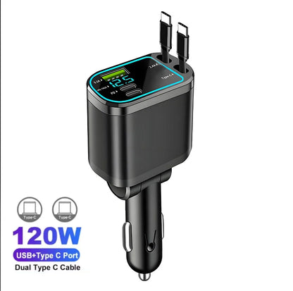 Chargeur de voiture rétractable 120W 4/5 en 1, câble USB C pour IPhone Huawei Samsung, cordon de Charge rapide, adaptateur allume-cigare PD QC3.0
