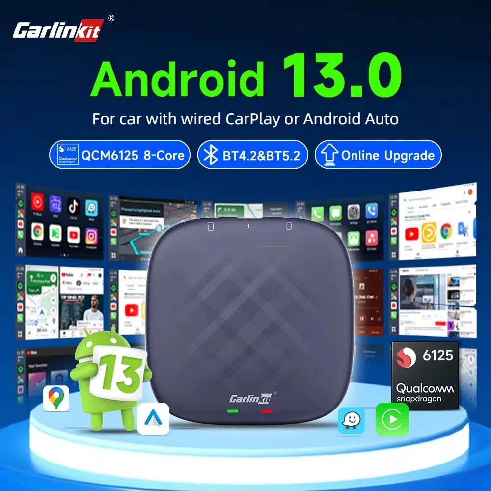 صندوق تلفزيون CarlinKit-Android 13 اللاسلكي للسيارة بنظام CarPlay AI، بمعالج QCM6125، ثماني النواة، شاشة مقسمة، 64 جيجابايت، 128 جيجابايت لـ Netflix، مع وعد بتشغيل PRPRU
