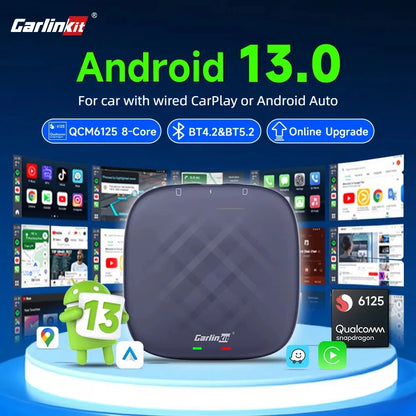 صندوق تلفزيون CarlinKit-Android 13 اللاسلكي للسيارة بنظام CarPlay AI، بمعالج QCM6125، ثماني النواة، شاشة مقسمة، 64 جيجابايت، 128 جيجابايت لـ Netflix، مع وعد بتشغيل PRPRU