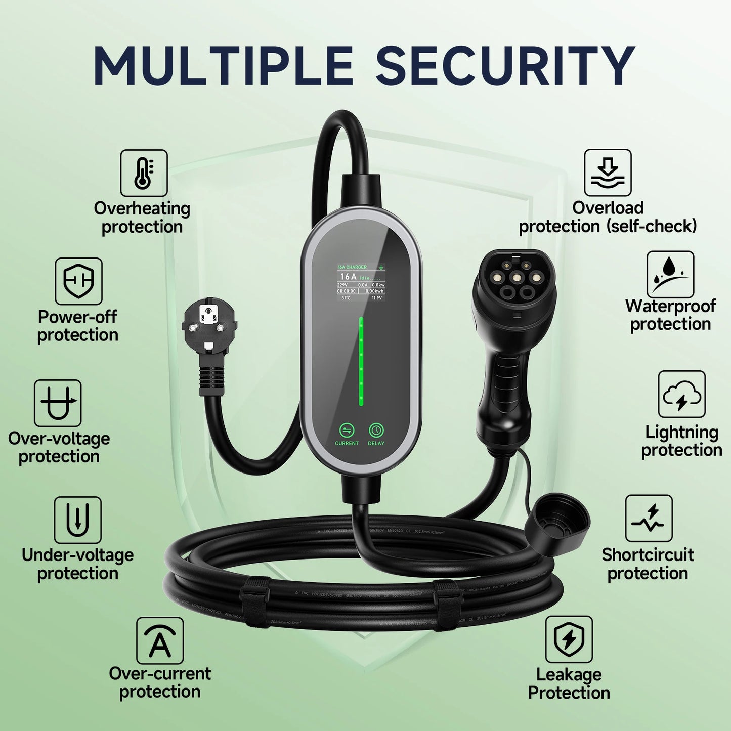 شاحن سيارات كهربائية محمول AFYEEV 3600 واط نوع 2 IEC62196-2 شاحن سيارات كهربائية نوع 1 SAE J1772 كابل شحن GBT EVSE صندوق حائط بقابس الاتحاد الأوروبي