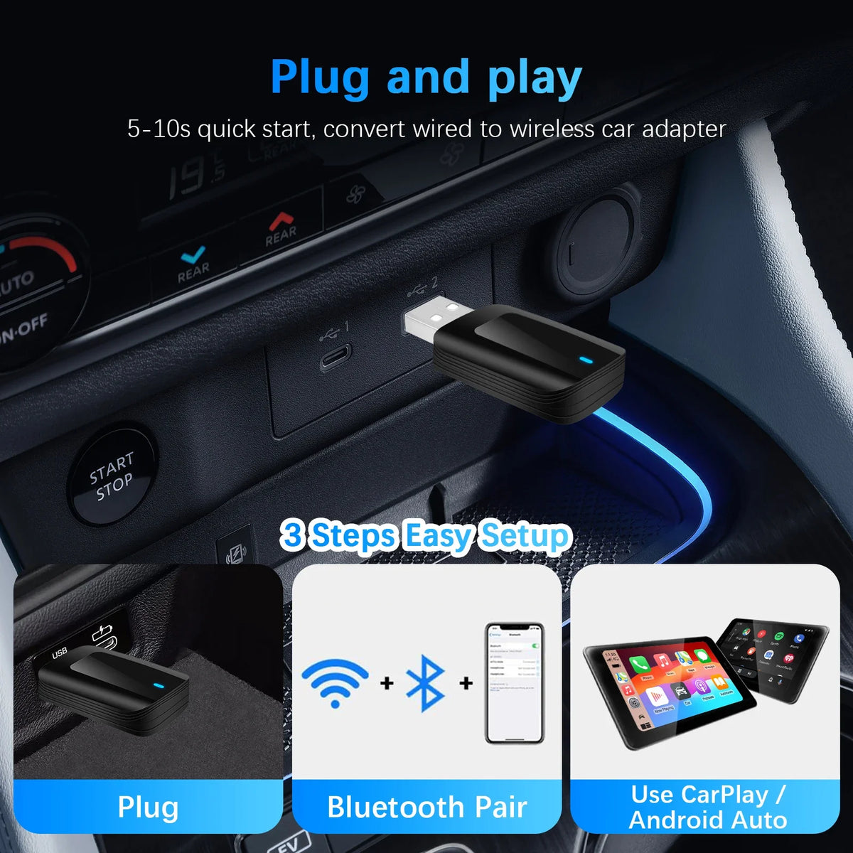 Mini adaptateur CarPlay Android Auto sans fil 2 en 1, avec WiFi 5G BT5.0, Plug and Play, pour voiture filaire en usine, conception compacte, nouveauté 2026