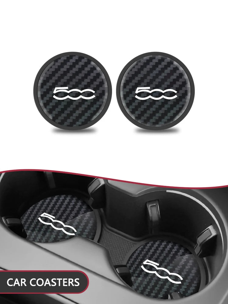 Tapis de tasse d'eau intérieur de voiture en fibre de carbone, 2 pièces, sous-verres antidérapants pour Fiat 500 500C 2012 500X 500L Abarth 695, accessoires automobiles