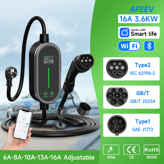 شاحن سيارة كهربائية محمول AFEEV 3.6KW من النوع 2 IEC62196-2/النوع 1/GBT قابل للتعديل 6-16 أمبير، تحكم عبر التطبيق، مقبس أوروبي IP65، شحن سريع آمن