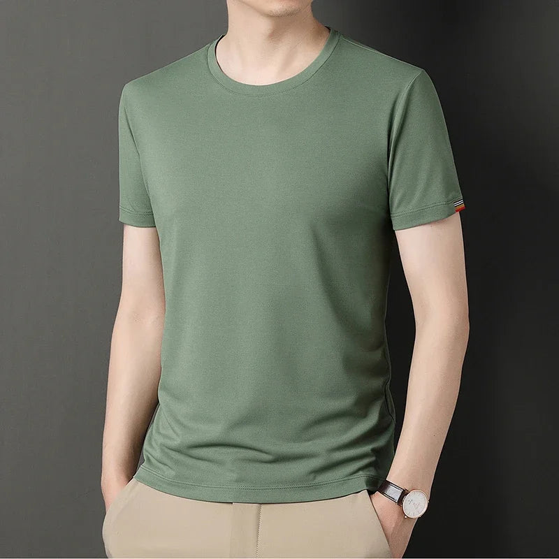 T-shirt à Manches Courtes pour Homme, Col Rond, Solide, avec Poignets Brodés, à la Mode, Confortable, Respirant et artificiel astique