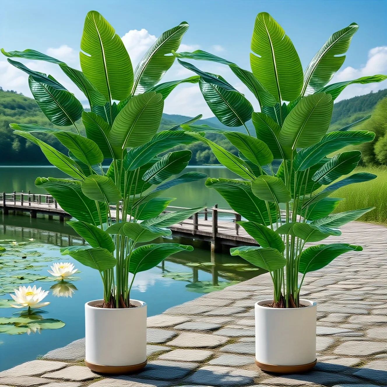 Arbres banane artificiels avec 48 feuilles tropicales réalistes, pour jardins, mariages, maisons, bureaux, sans Pots de fleurs, 2 pièces