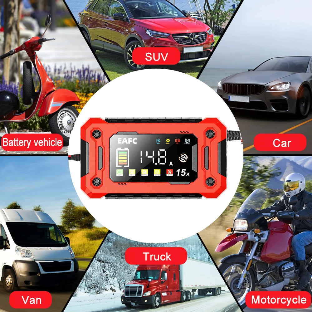 Le plus récent chargeur de batterie de voiture 12V 15A/8A réparation d'impulsions grand écran chargeur intelligent pour voiture moto plomb acide AGM GEL Batteries